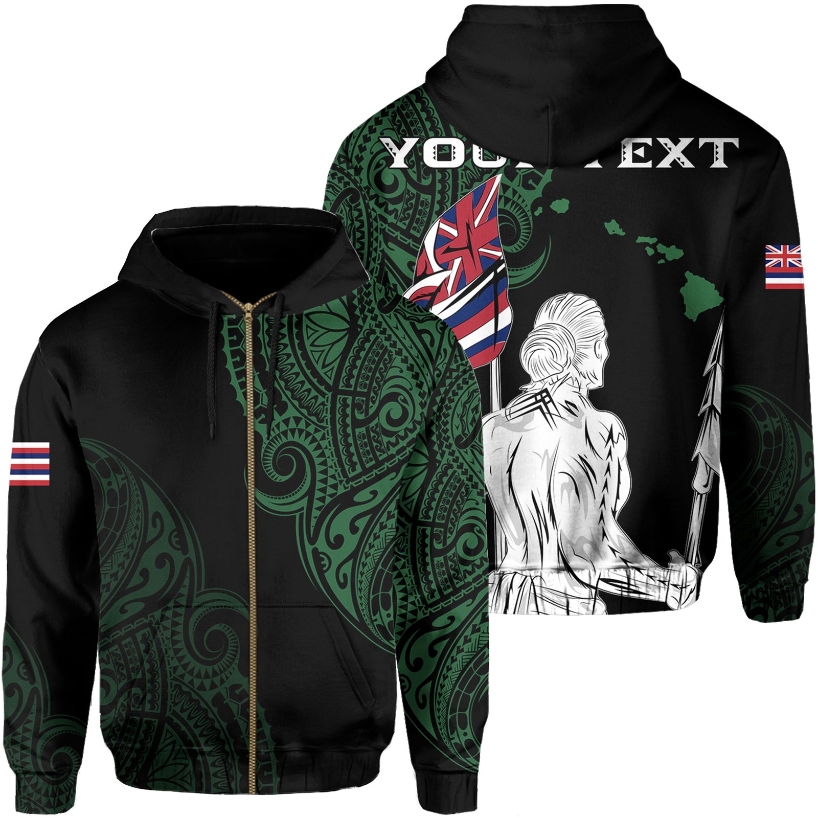 Personalized Hawaii Map Polynesian Warrior Ikaika Hoodie Zip William Style Green Unisex Black - Polynesian Pride