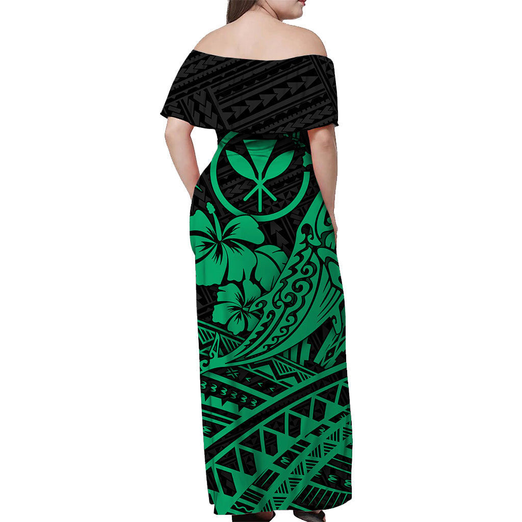 Hawaii Humpback Whale With Hibiscus Tribal Off Shoulder Dress Green - LT12 - Polynesian Pride