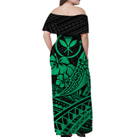 Hawaii Humpback Whale With Hibiscus Tribal Off Shoulder Dress Green - LT12 - Polynesian Pride