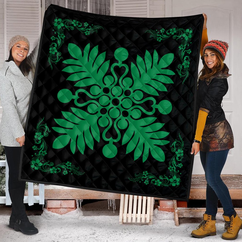 Hawaiian Quilt Maui Plant And Hibiscus Premium Quilt - Green Black - AH - Polynesian Pride