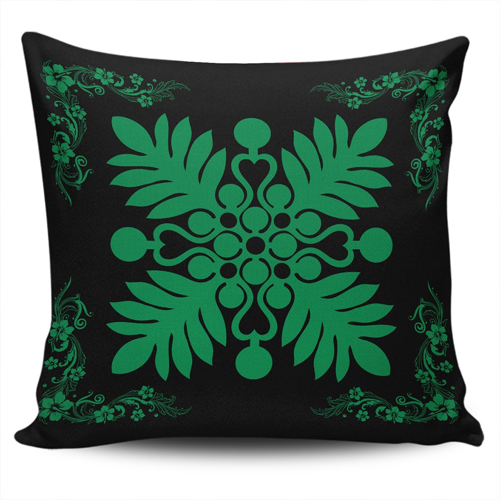 Hawaiian Quilt Maui Plant And Hibiscus Pattern Pillow Covers - Green Black - AH One Size Green - Polynesian Pride