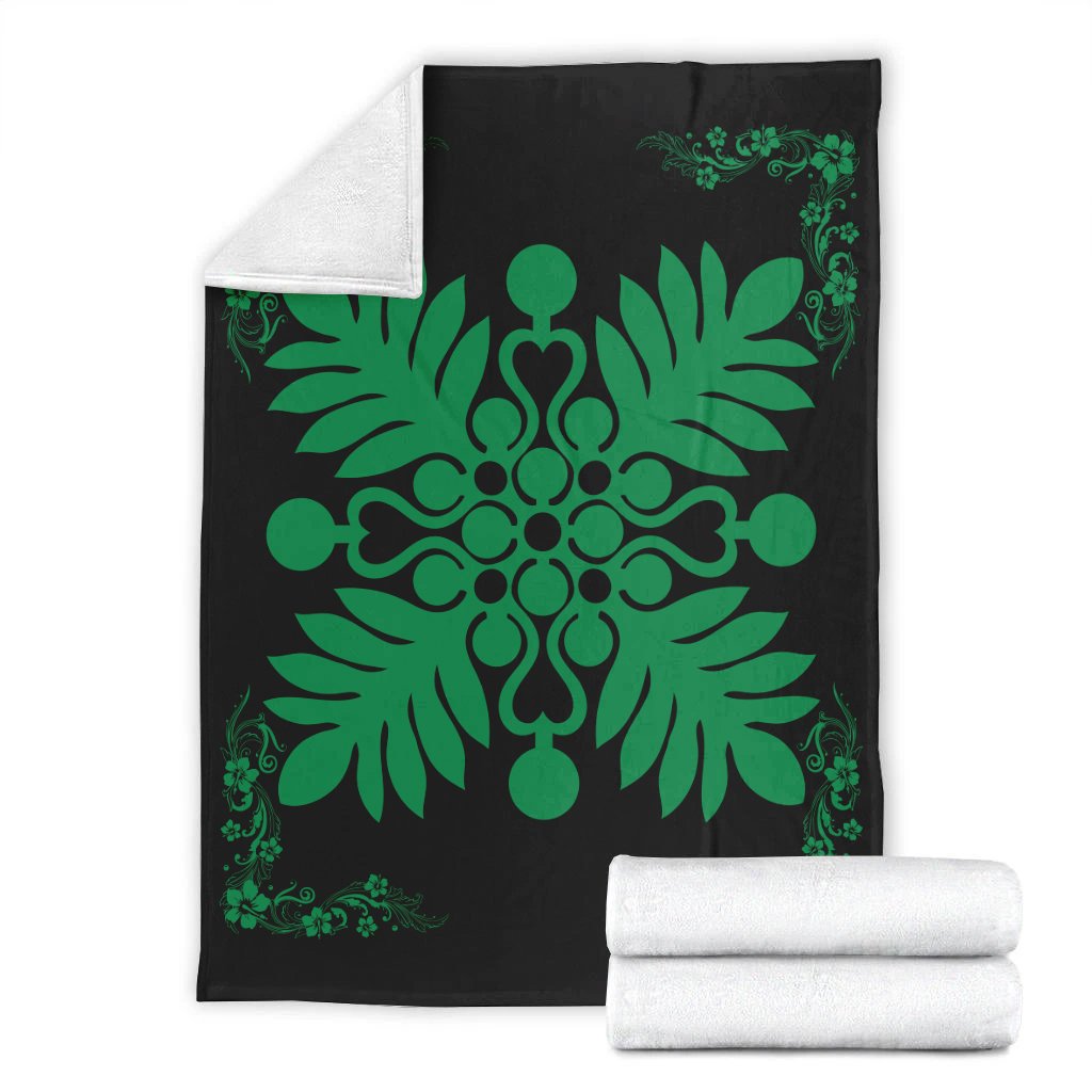 Hawaiian Quilt Maui Plant And Hibiscus Premium Blanket - Green Black - AH - Polynesian Pride