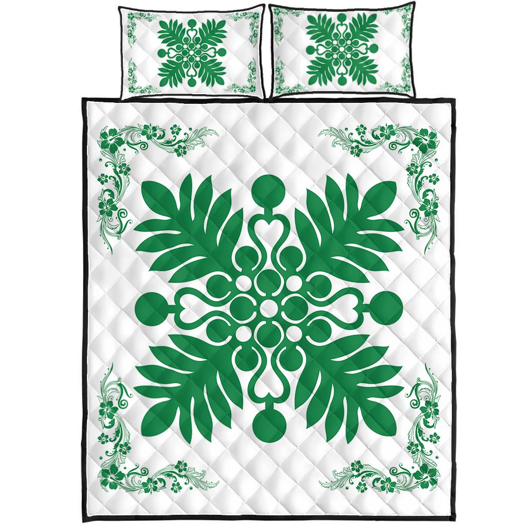 Hawaiian Quilt Maui Plant And Hibiscus Pattern Quilt Bed Set - Green White - AH Green - Polynesian Pride