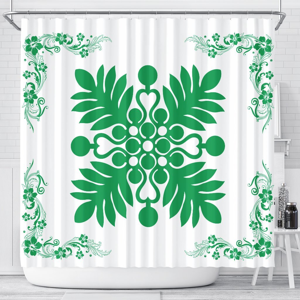 Hawaiian Quilt Maui Plant And Hibiscus Shower Curtain - Green White - AH 177 x 172 (cm) Green - Polynesian Pride