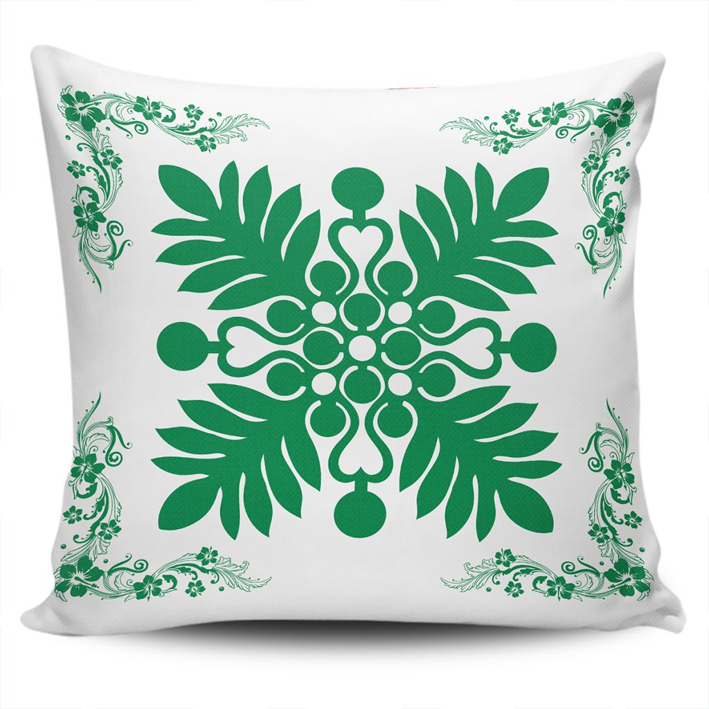 Hawaiian Quilt Maui Plant And Hibiscus Pattern Pillow Covers - Green White - AH One Size Green - Polynesian Pride