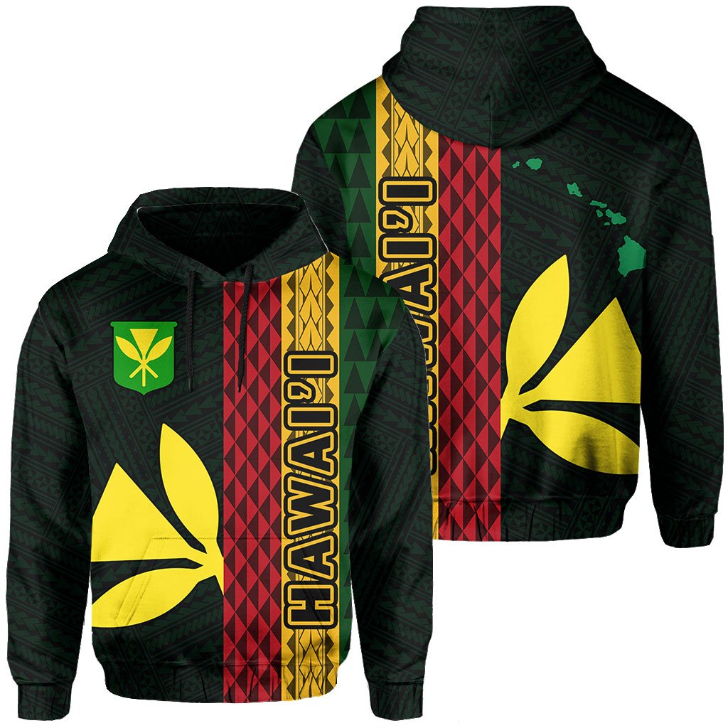 Polynesian Kakau Kanaka Flag Map of Hawaii Hoodie Green Unisex Green - Polynesian Pride