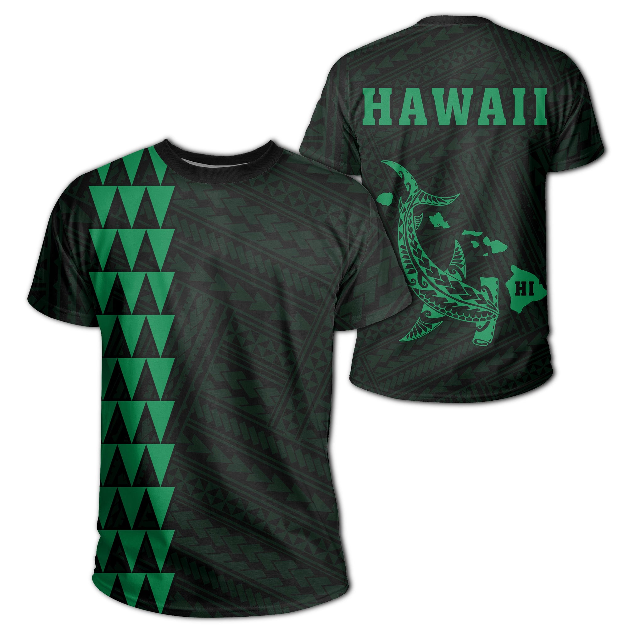 Hawaii Kakau Hammerhead Shark T Shirt Green Unisex Green - Polynesian Pride