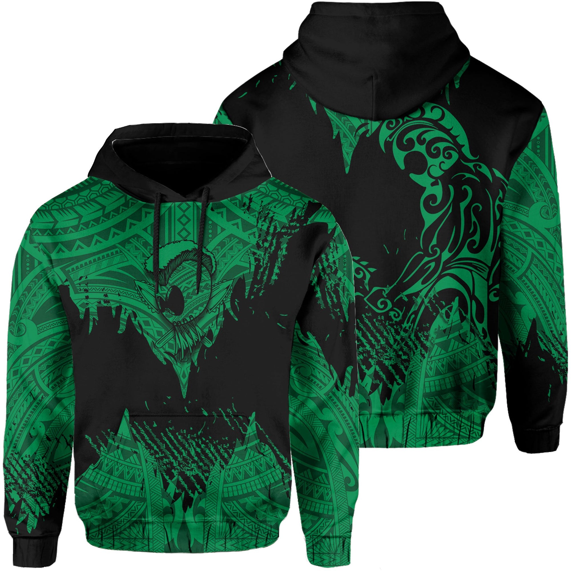 Hawaii Polynesian Hoodie Warrior Ikaika Benjamin Style Green Unisex Black - Polynesian Pride