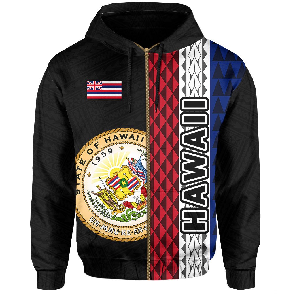 Polynesian Kakau Hawaii Flag Seal of Hawaii Zip Hoodie Grey - Polynesian Pride