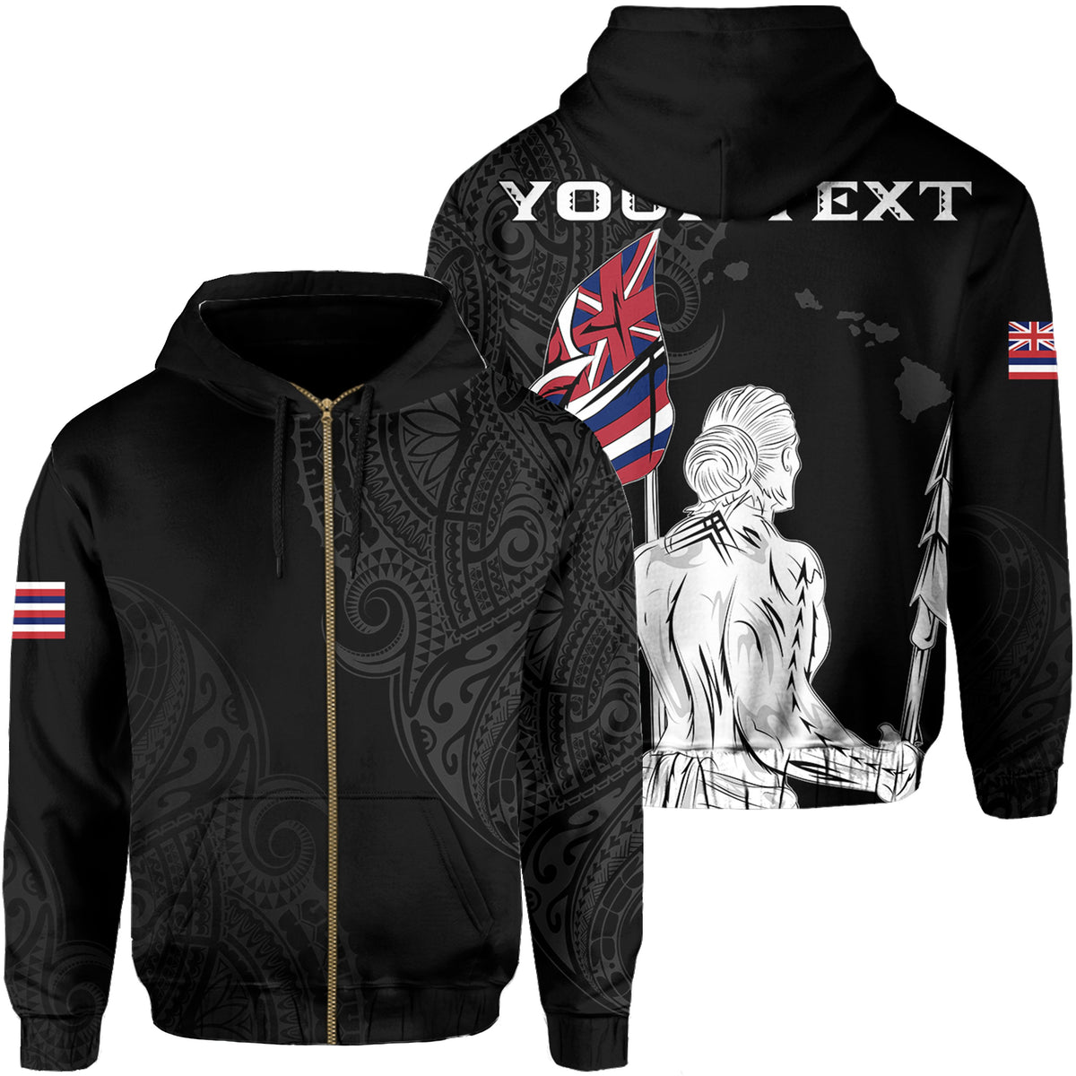 Personalized Hawaii Map Polynesian Warrior Ikaika Hoodie Zip William Style Grey Unisex Black - Polynesian Pride