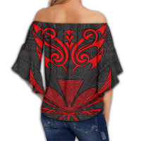 Hawaii Kanaka Polynesian Women's Off Shoulder Wrap Waist Top - Grey And Red - Bernice Style - AH - Polynesian Pride