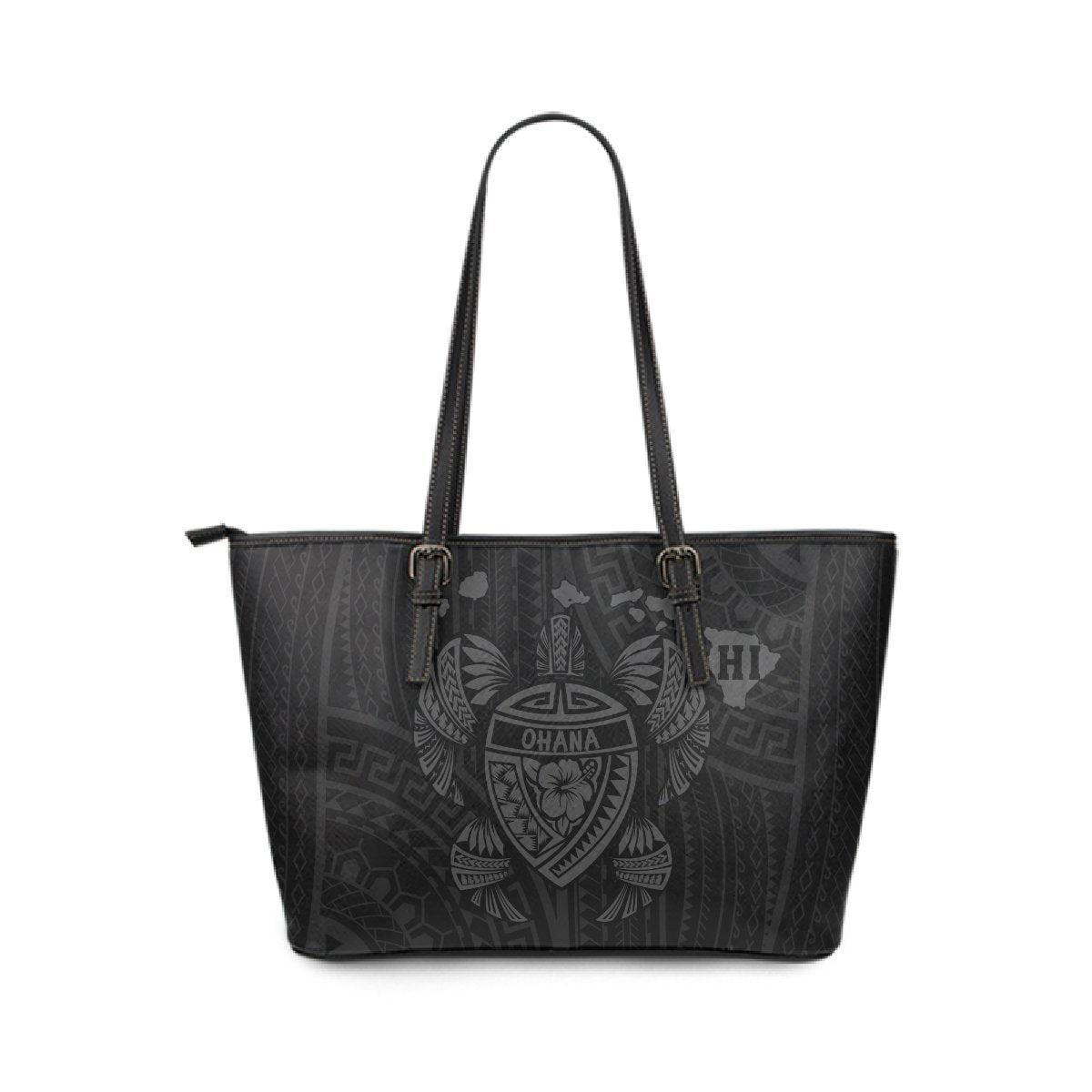 Hawaii Kakau Polynesian Turtle Map Large Leather Tote - Grey Grey - Polynesian Pride