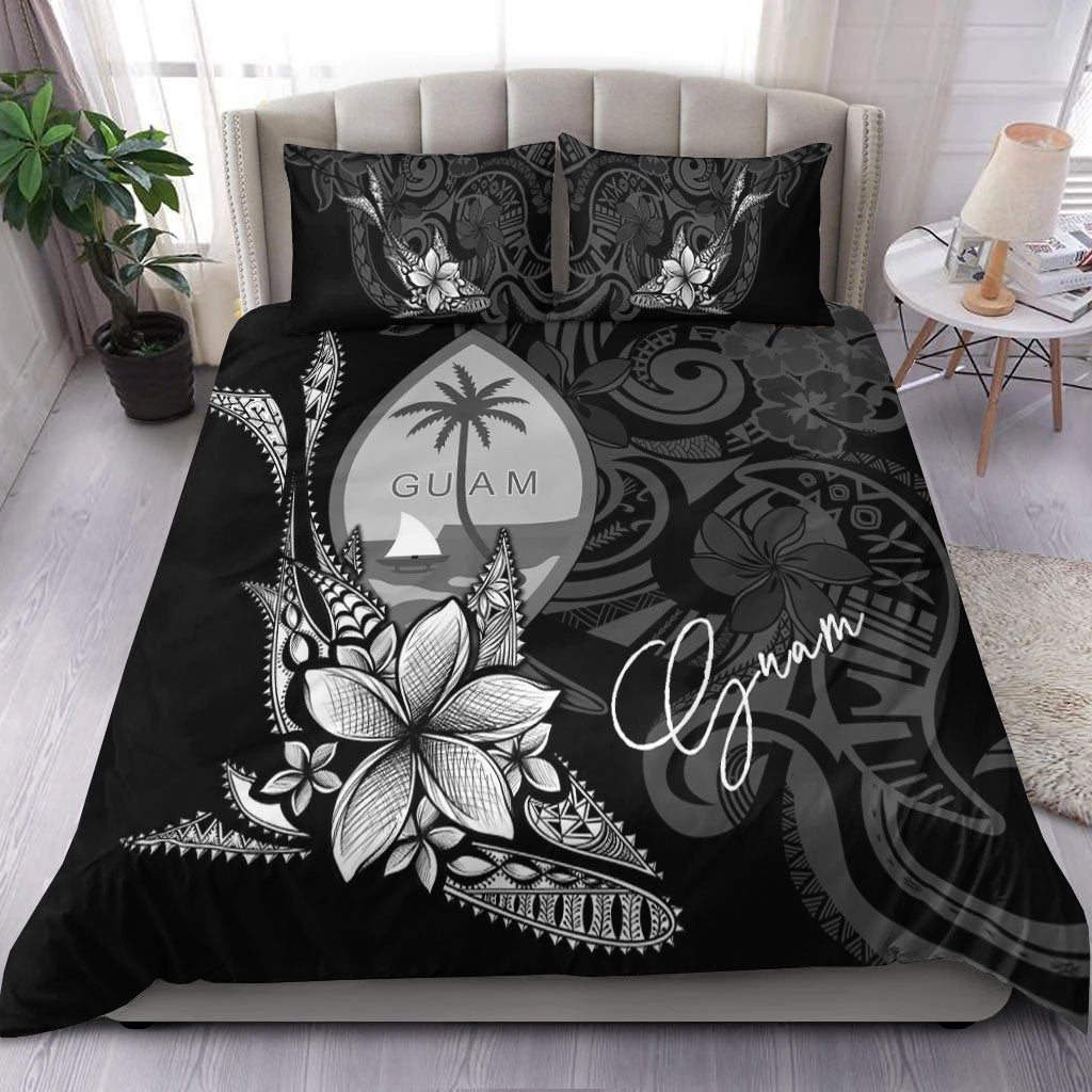 Guam Bedding Set - Fish With Plumeria Flowers Style Black - Polynesian Pride