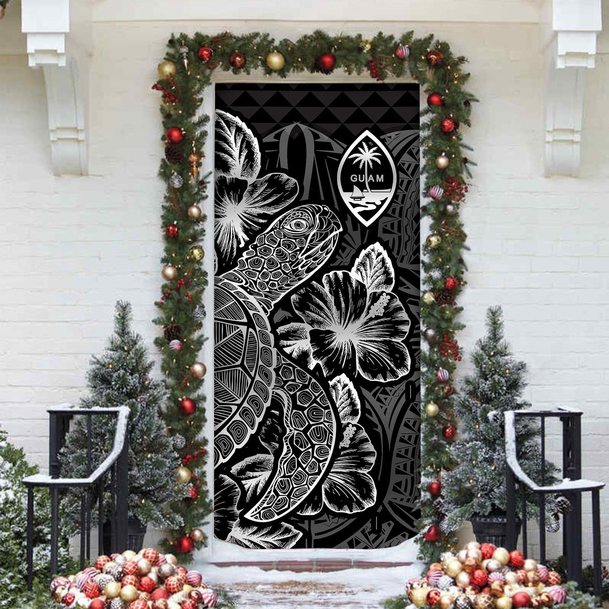Guam Door Cover Turtle Hibiscus Black - Polynesian Pride