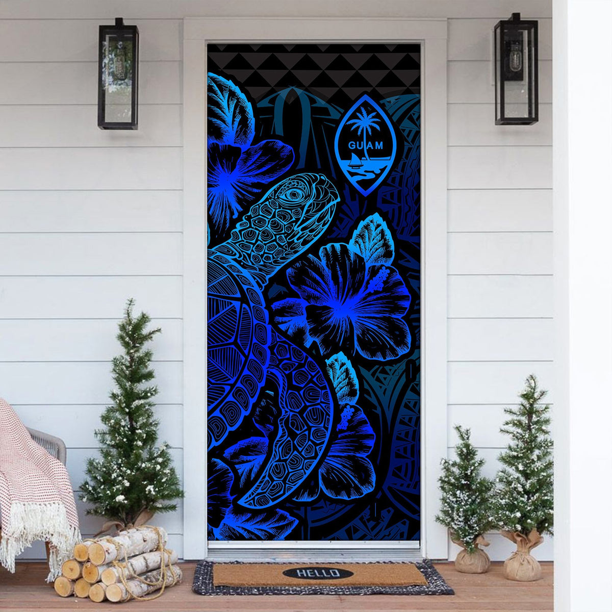 Guam Door Cover Turtle Hibiscus Blue - Polynesian Pride