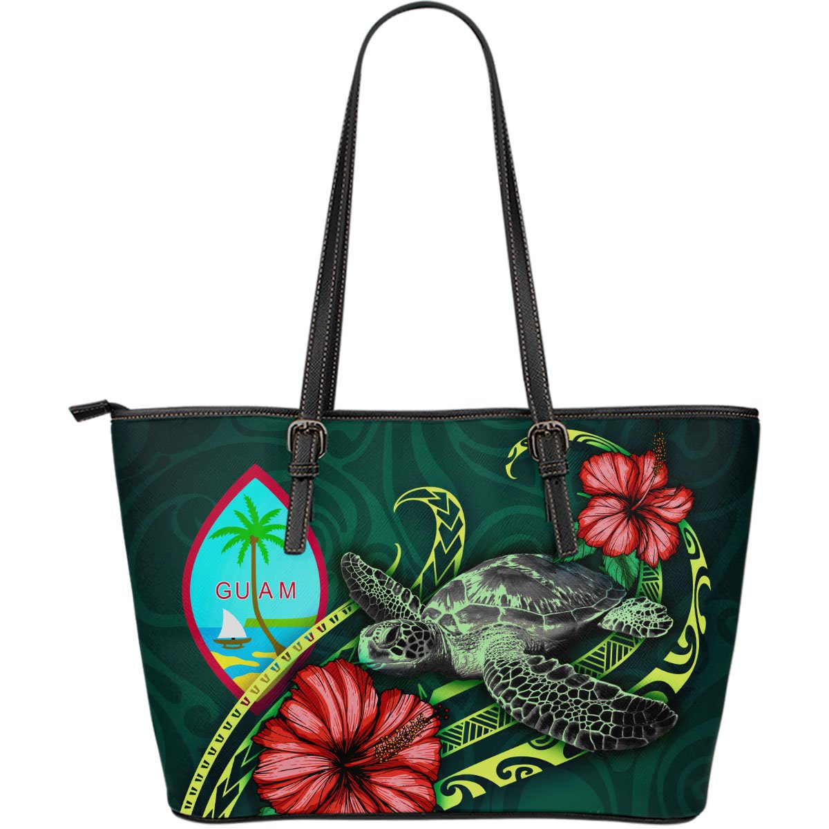 Guam Polynesian Leather Tote Bag - Green Turtle Hibiscus Green - Polynesian Pride