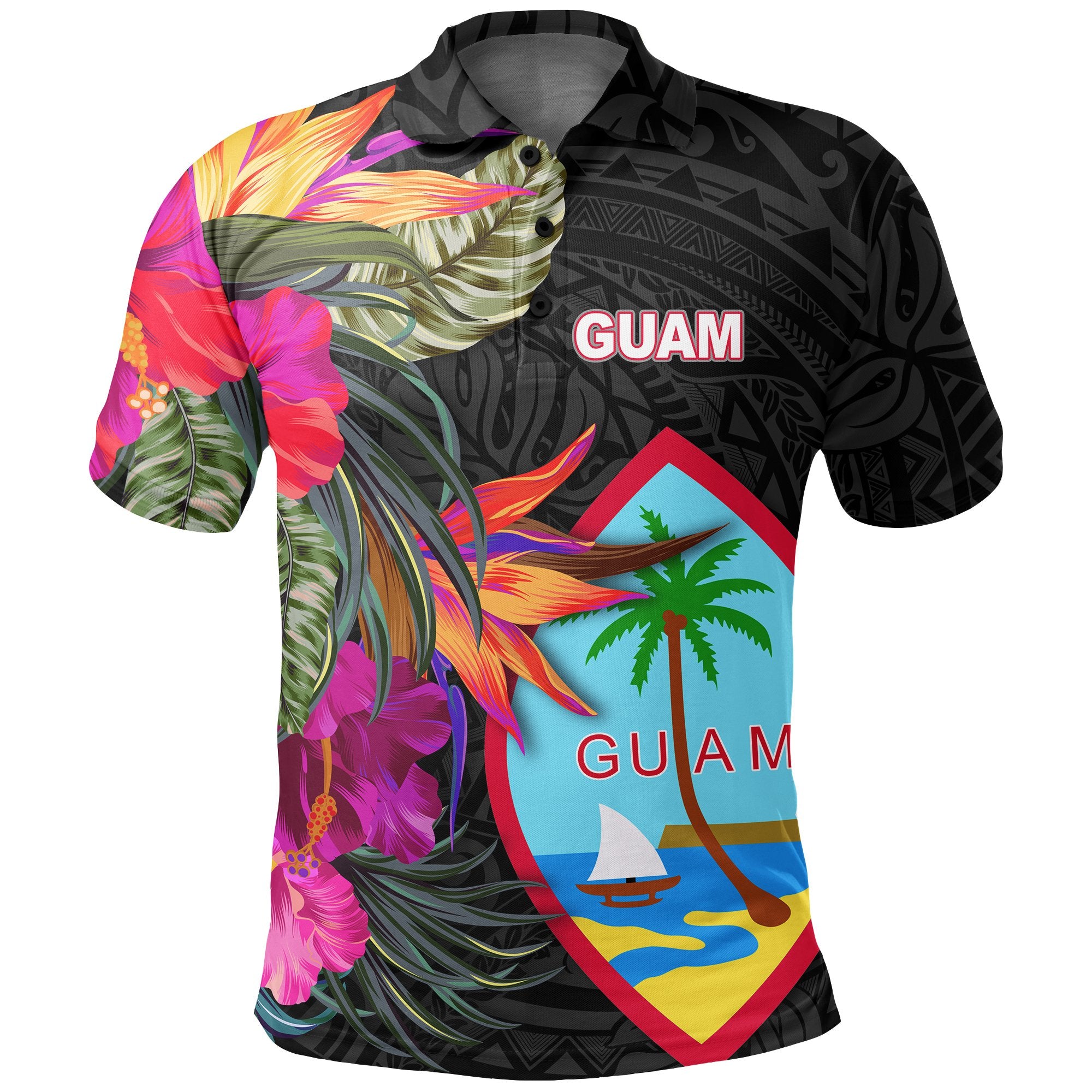 Guam Polo Shirt Hibiscus Polynesian Pattern Black - Polynesian Pride