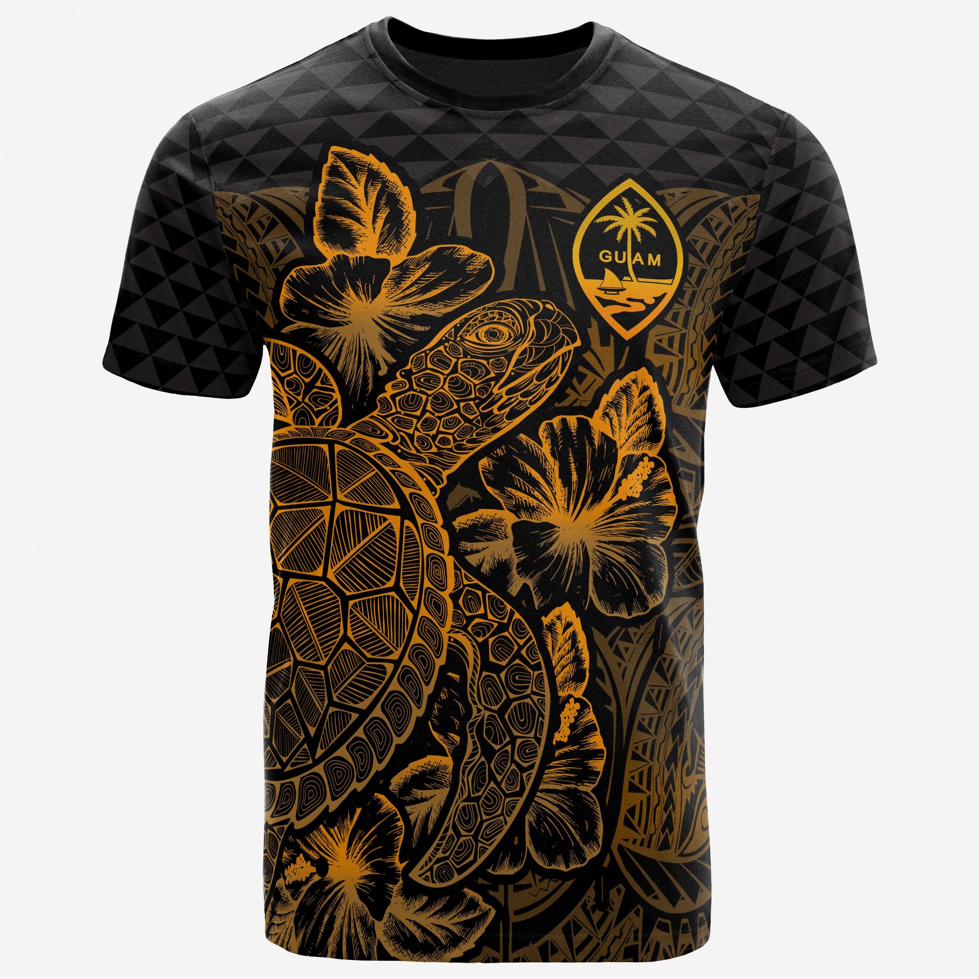 Guam T Shirt Guam Coat of Arms Turtle Hibiscus Gold Unisex Gold - Polynesian Pride