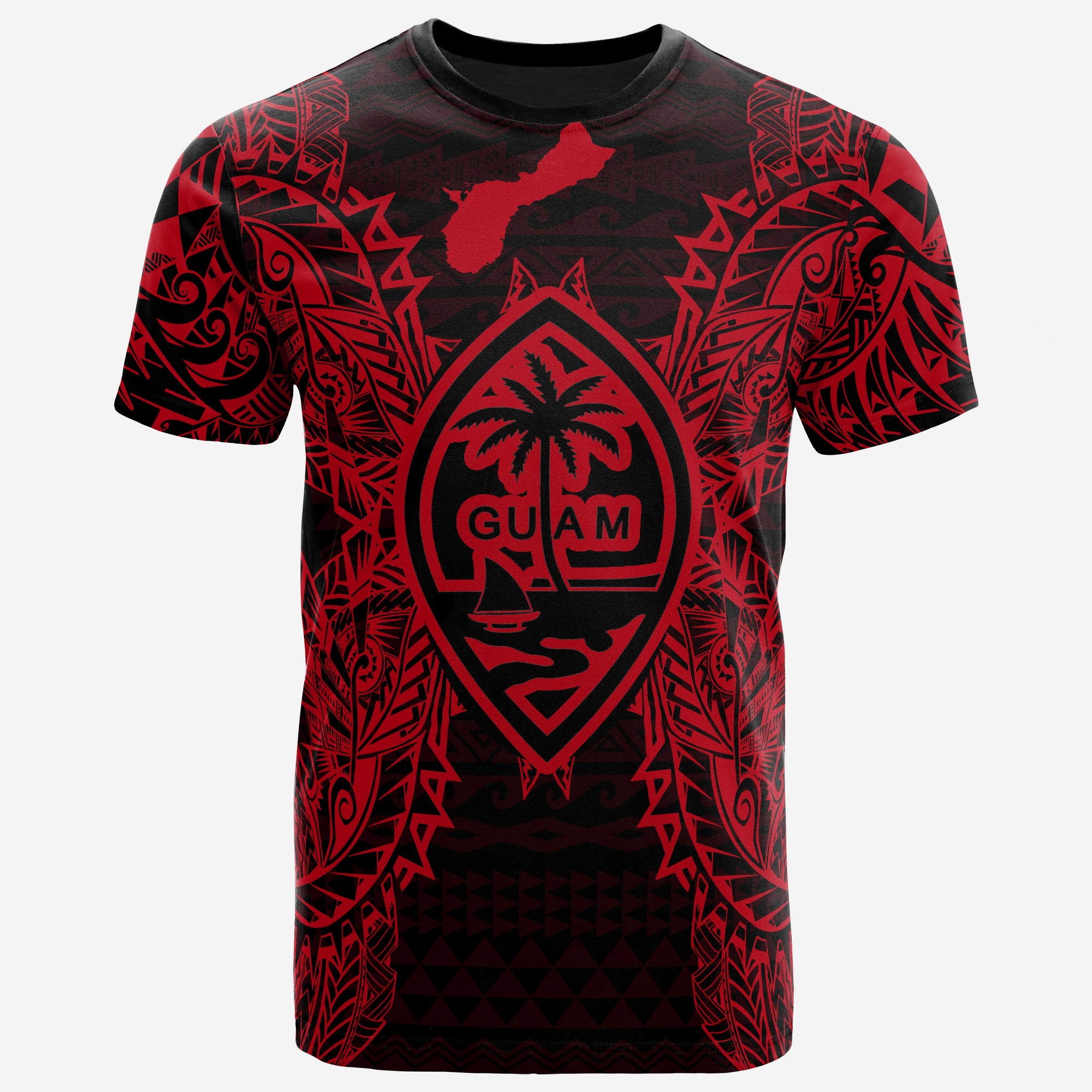 Guam T Shirt Guam Coat of Arms Map Polynesian Tattoo Red Unisex Gold - Polynesian Pride