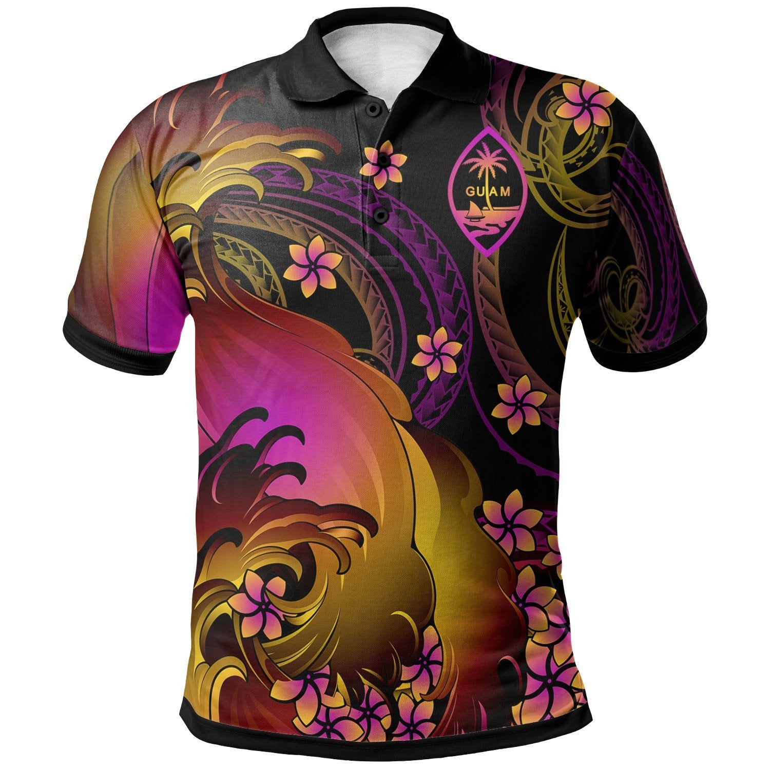 Guam Polo Shirt Guahan in wave Unisex Black - Polynesian Pride