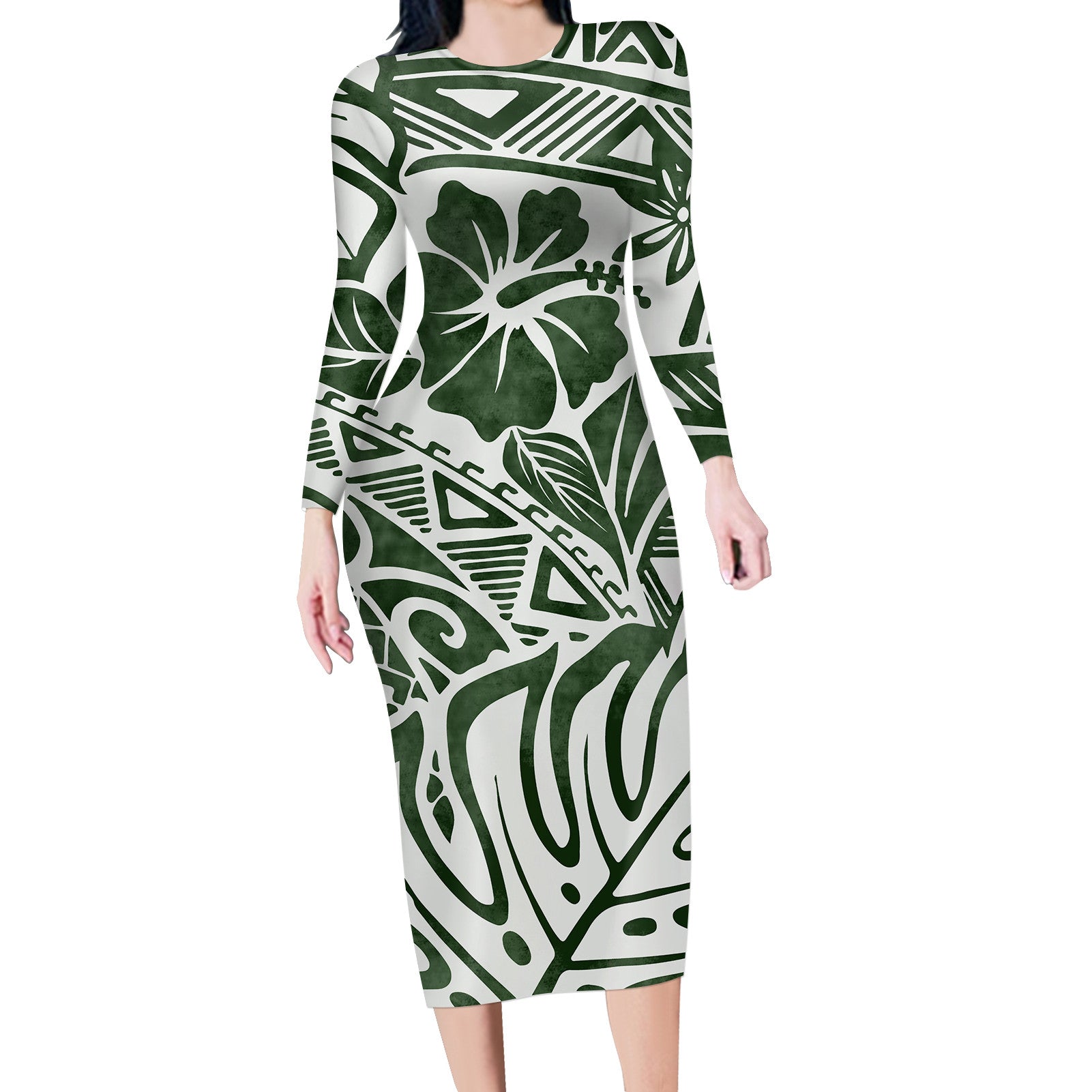 Hawaiian Long Sleeve Dress Hibiscus Polynesian Pattern Green Long Dress Green - Polynesian Pride