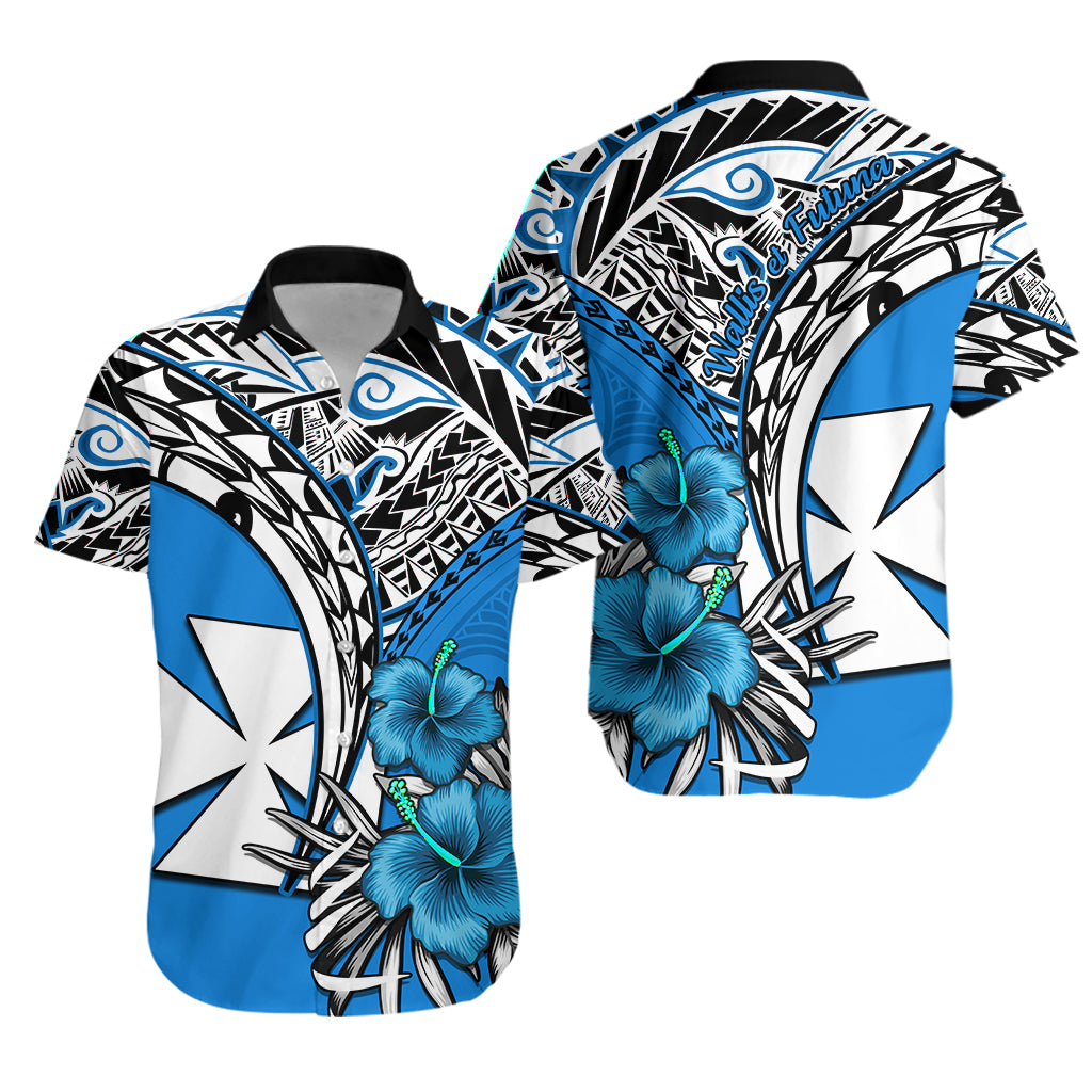 Wallis et Futuna Hawaiian Shirt Polynesian Pattern and Hibiscus Flowers Version Blue LT13 Unisex Blue - Polynesian Pride