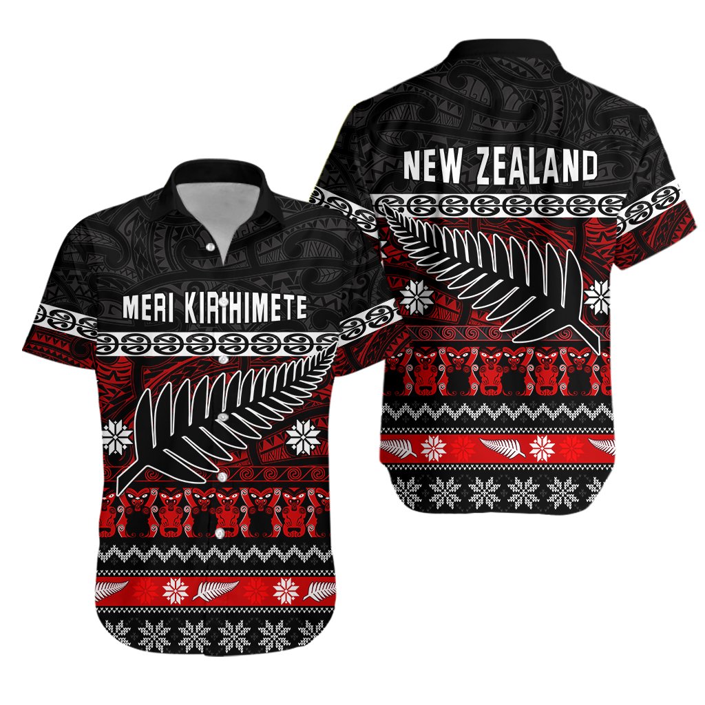 New Zealand Silver Fern Christmas Hawaiian Shirt Maori Meri Kirihimete LT13 Unisex Black - Polynesian Pride