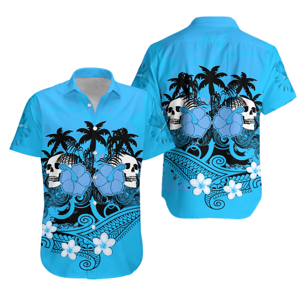 Hawaii Skull Hawaiian Shirt Mysterious Polynesia and Blue Flowers LT13 Unisex Blue - Polynesian Pride