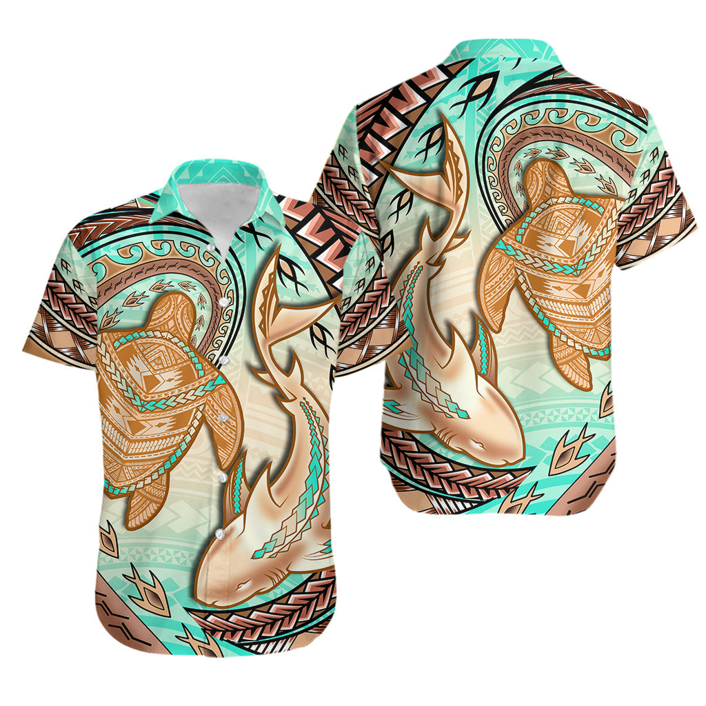 Hawaii Couple Outfits Hawaii Matching Dress and Hawaiian Shirt Polynesian Shark And Sea Turtle Dreamy Turquoise Artsy LT14 - Polynesian Pride