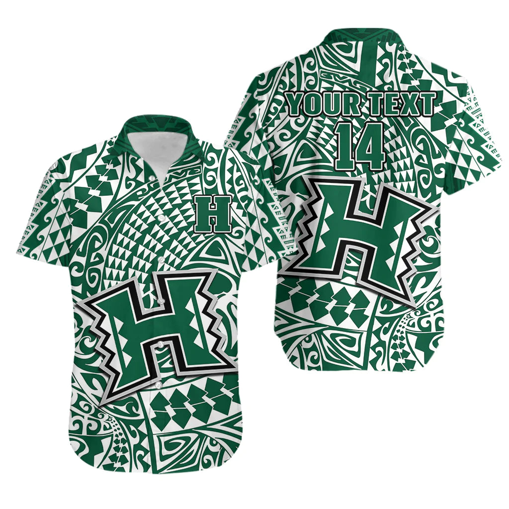 (Custom Text And Number) Hawaii Football Hawaiian Shirt Rainbow Warriors Tribal Kakau LT14 Green - Polynesian Pride