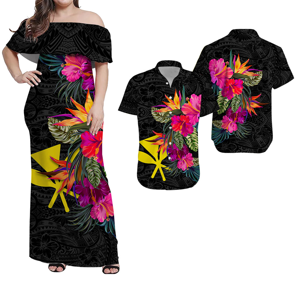 Hawaii Couple Outfits Hawaii Kanaka Maoli Polynesian Hibiscus Matching Dress and Hawaiian Shirt LT12 Black - Polynesian Pride