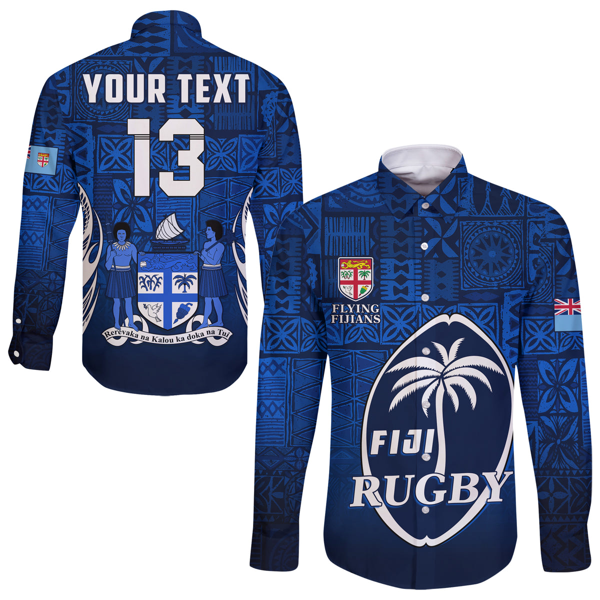 (Custom Text and Number) Fiji Rugby Hawaii Long Sleeve Button Shirt Flying Fijians Blue Tapa Pattern LT13 Unisex Blue - Polynesian Pride