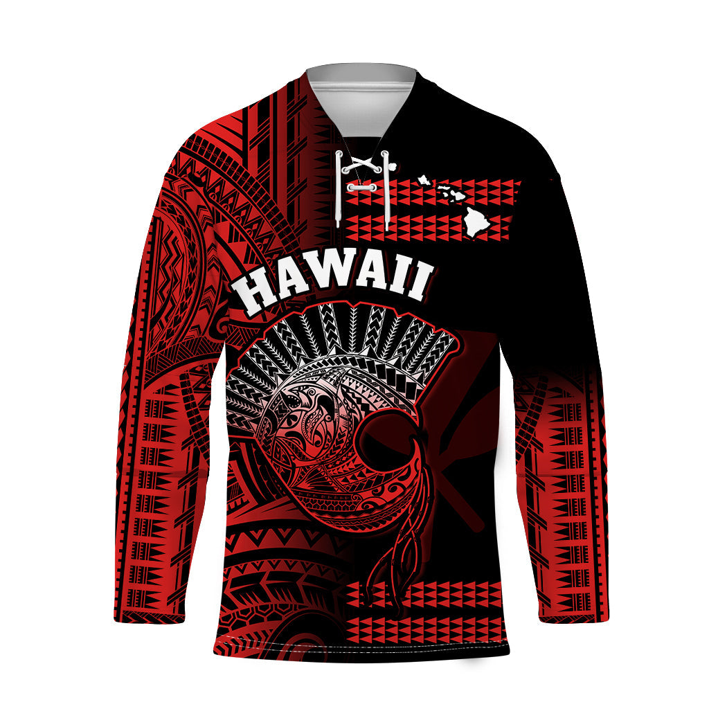 Hawaii Hockey Jersey Kakau Warrior Helmet Gradient Red Polynesian LT14 Unisex Red - Polynesian Pride