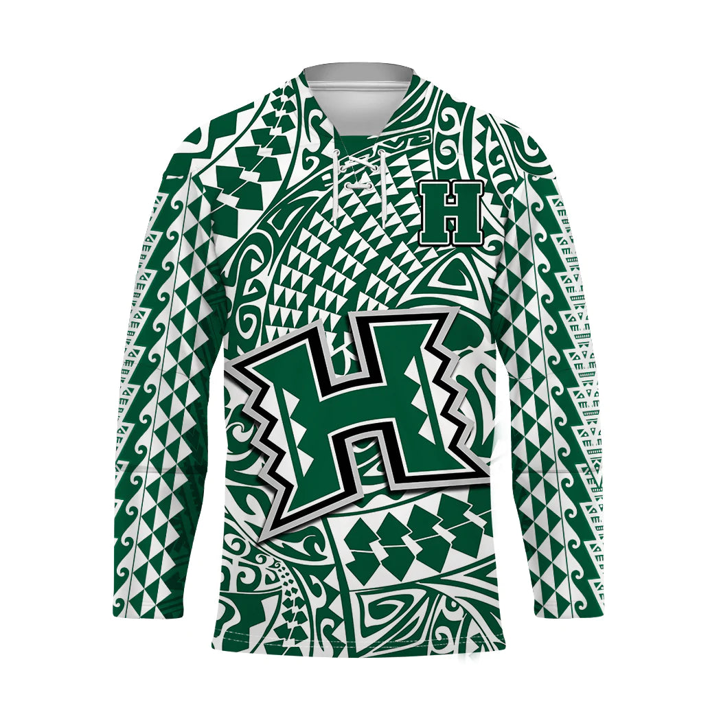 (Custom Text And Number) Hawaii Football Hockey Jersey Rainbow Warriors Tribal Kakau LT14 Unisex Green - Polynesian Pride