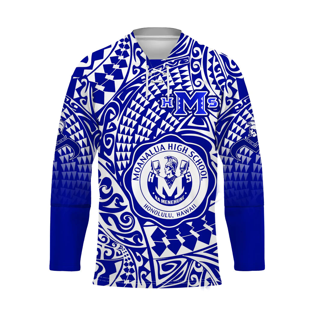 (Custom Text And Number) Hawaii Hockey Jersey Moanalua High School Tribal Kakau LT14 Unisex Blue - Polynesian Pride