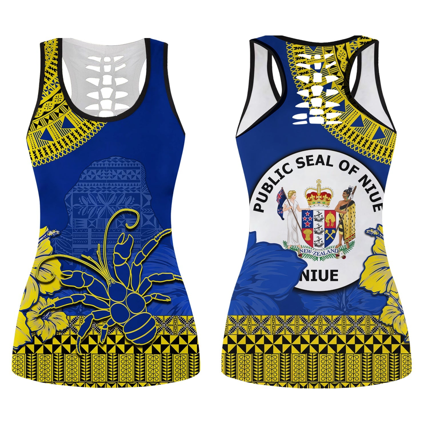 Niue Hiapo Hollow Tank Top Rock of Polynesia Tapa Niuean Crab Happy Day LT13 Female Blue - Polynesian Pride