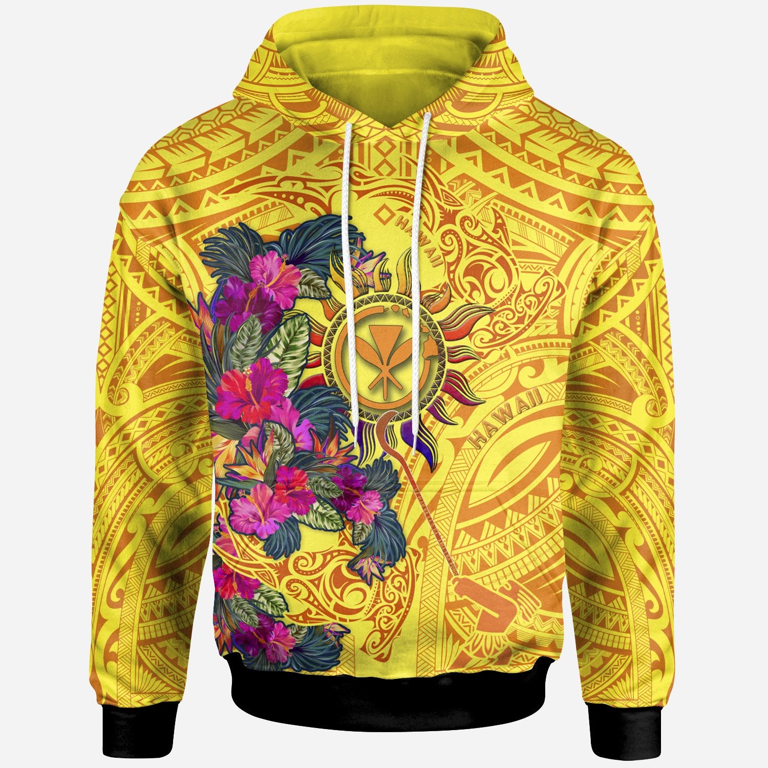 Polynesian Hawaii Kanaka Maoli Hoodie Hibiscus Flowers & Polynesian Patterns Unisex Yellow - Polynesian Pride