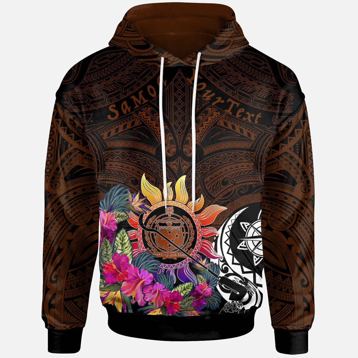 Polynesian Hoodie Coat ofrm with Flowers & Polynesian Patterns Unisex Brown - Polynesian Pride