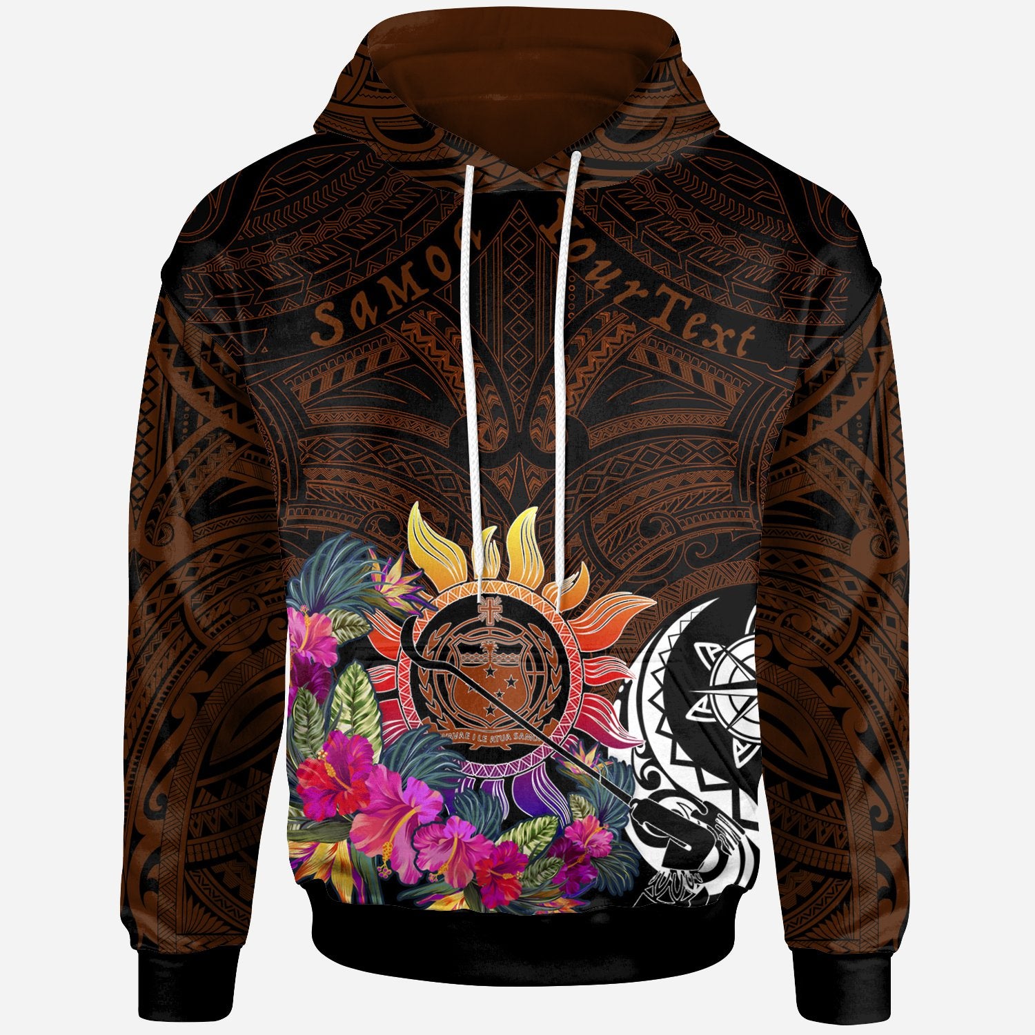 Polynesian Hoodie Coat ofrm with Flowers & Polynesian Patterns Unisex Brown - Polynesian Pride
