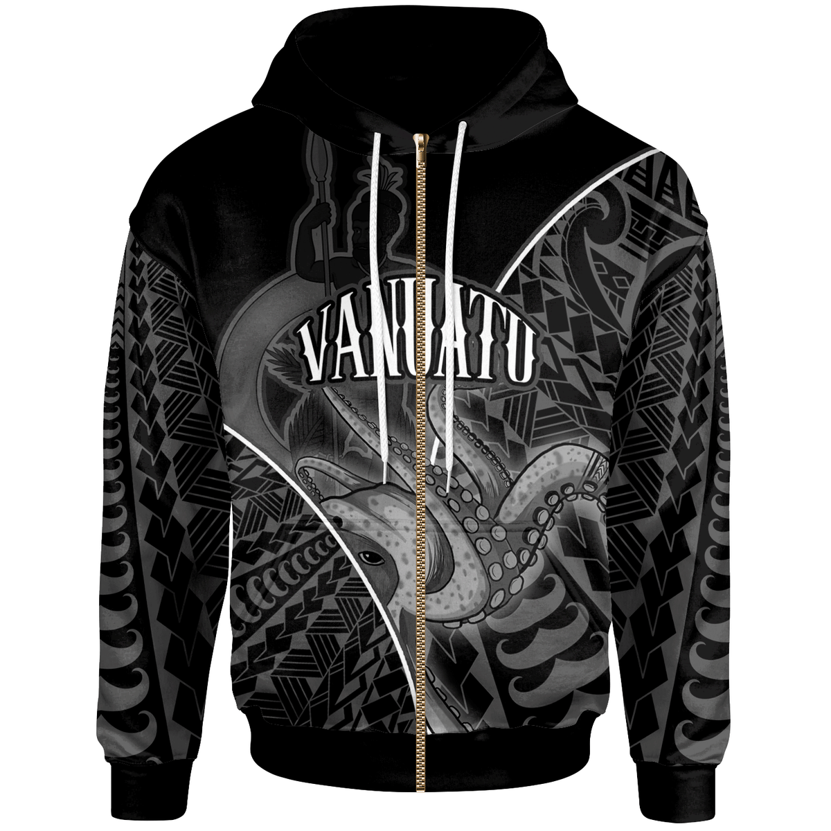 Vanuatu Zip Hoodie Octopus Style White Color Unisex White - Polynesian Pride