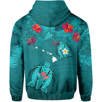 Custom Hawaiian Islands Zip Hoodie Hawaii Tropical Flowers and Turtles Turquoise LT13 - Polynesian Pride