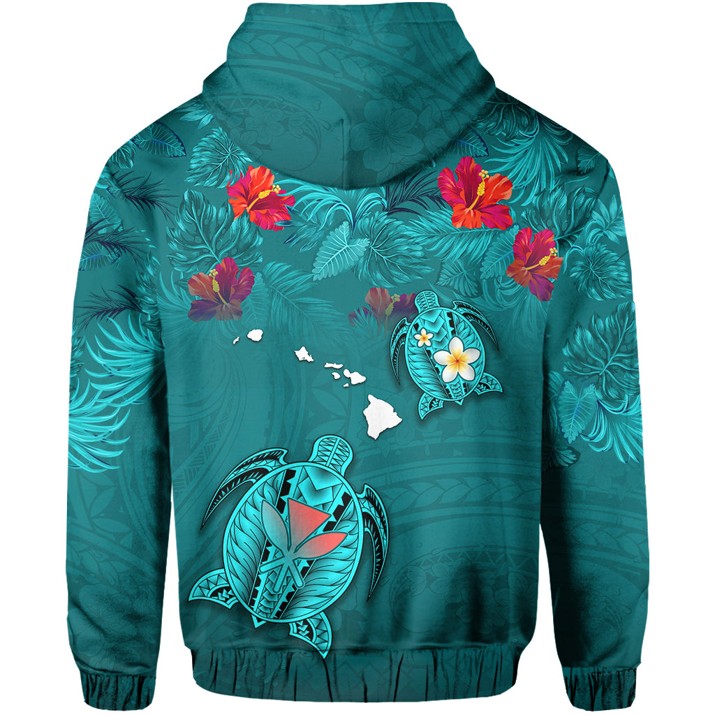Hawaiian Islands Hoodie Hawaii Tropical Flowers and Turtles Turquoise LT13 - Polynesian Pride