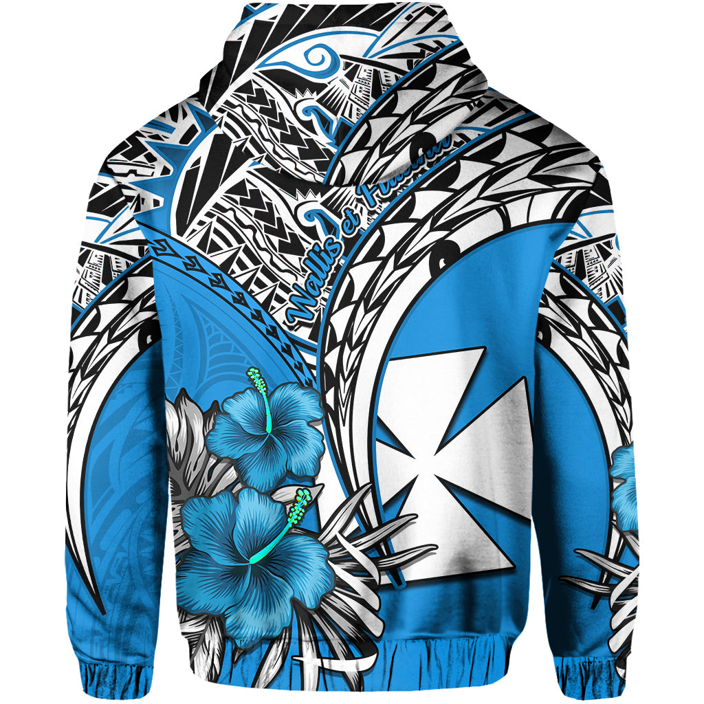 Wallis et Futuna Hoodie Polynesian Pattern and Hibiscus Flowers Version Blue LT13 - Polynesian Pride
