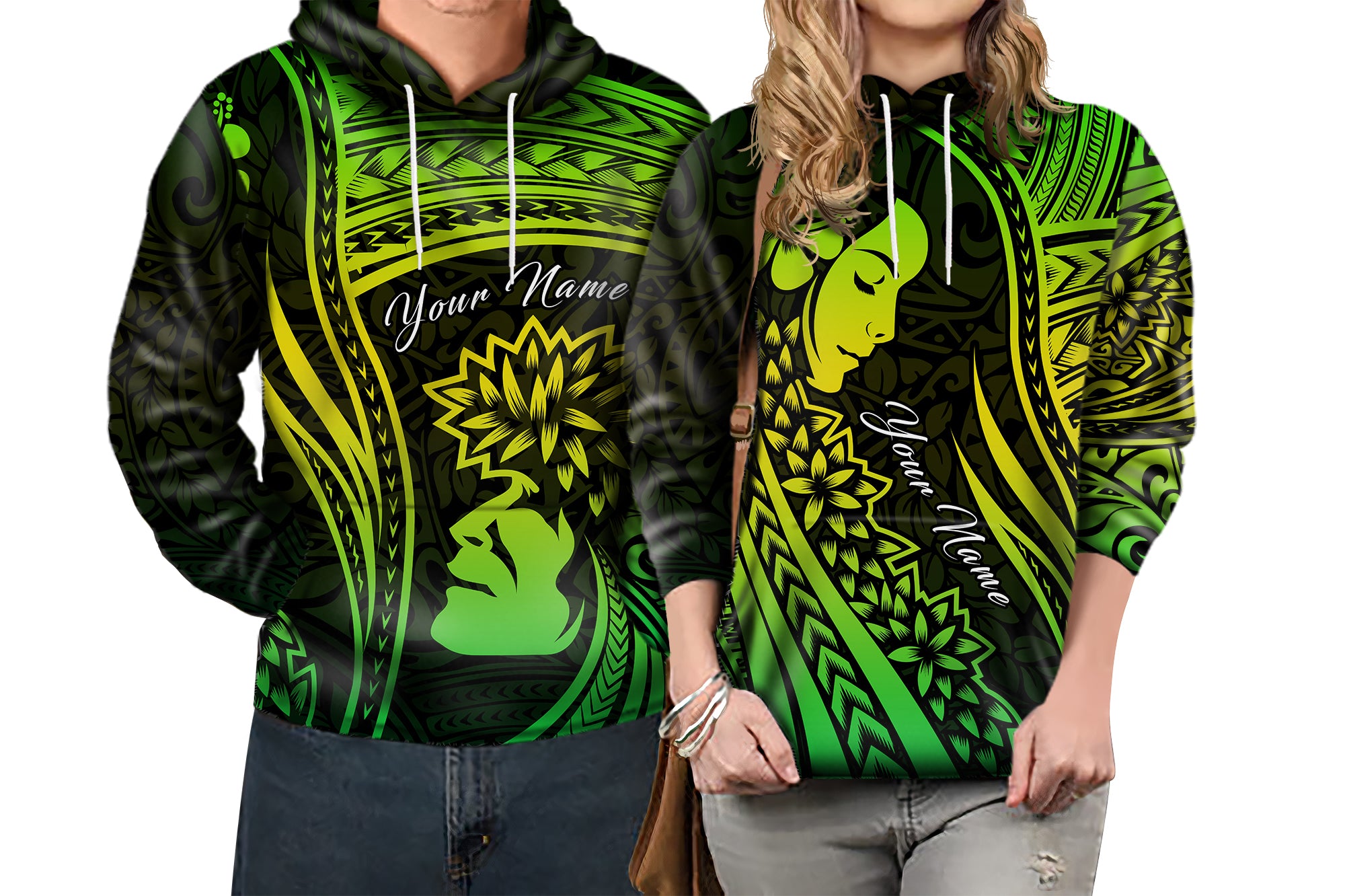 Custom Polynesian Valentine Couple Hoodie I LOVE YOU Hibiscus Style Green LT13 - Polynesian Pride