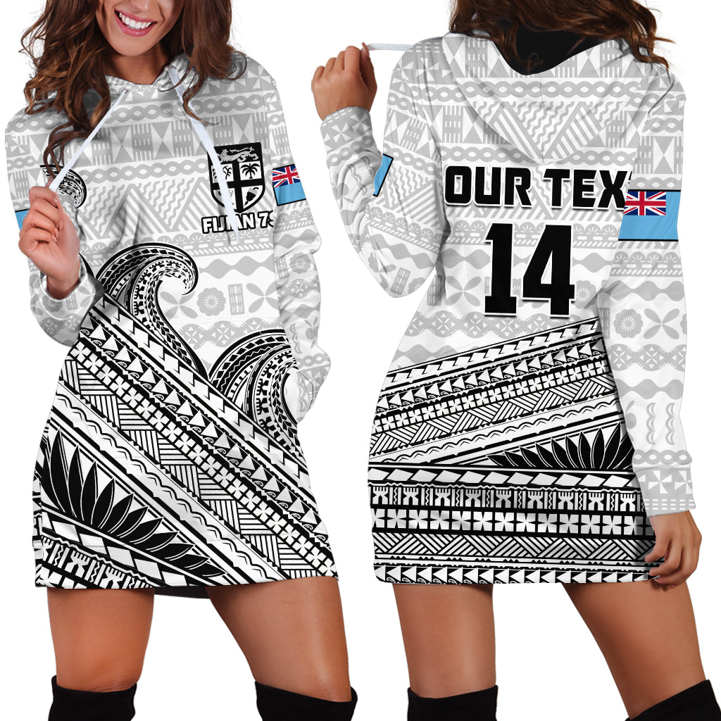 (Custom Text And Number) Fiji Sevens Rugby Hoodie Dress Fijian 7s Tapa Polynesian Art LT14 White - Polynesian Pride