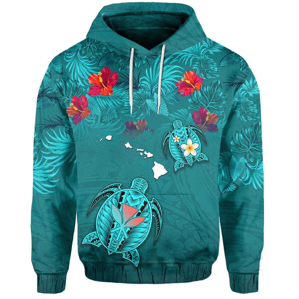 Hawaiian Islands Hoodie Hawaii Tropical Flowers and Turtles Turquoise LT13 Unisex Turquoise - Polynesian Pride