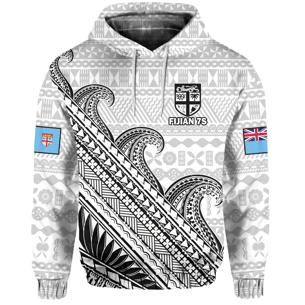 (Custom Text and Number) Fiji Sevens Rugby Hoodie Fijian 7s Tapa Polynesian Art LT14 White - Polynesian Pride