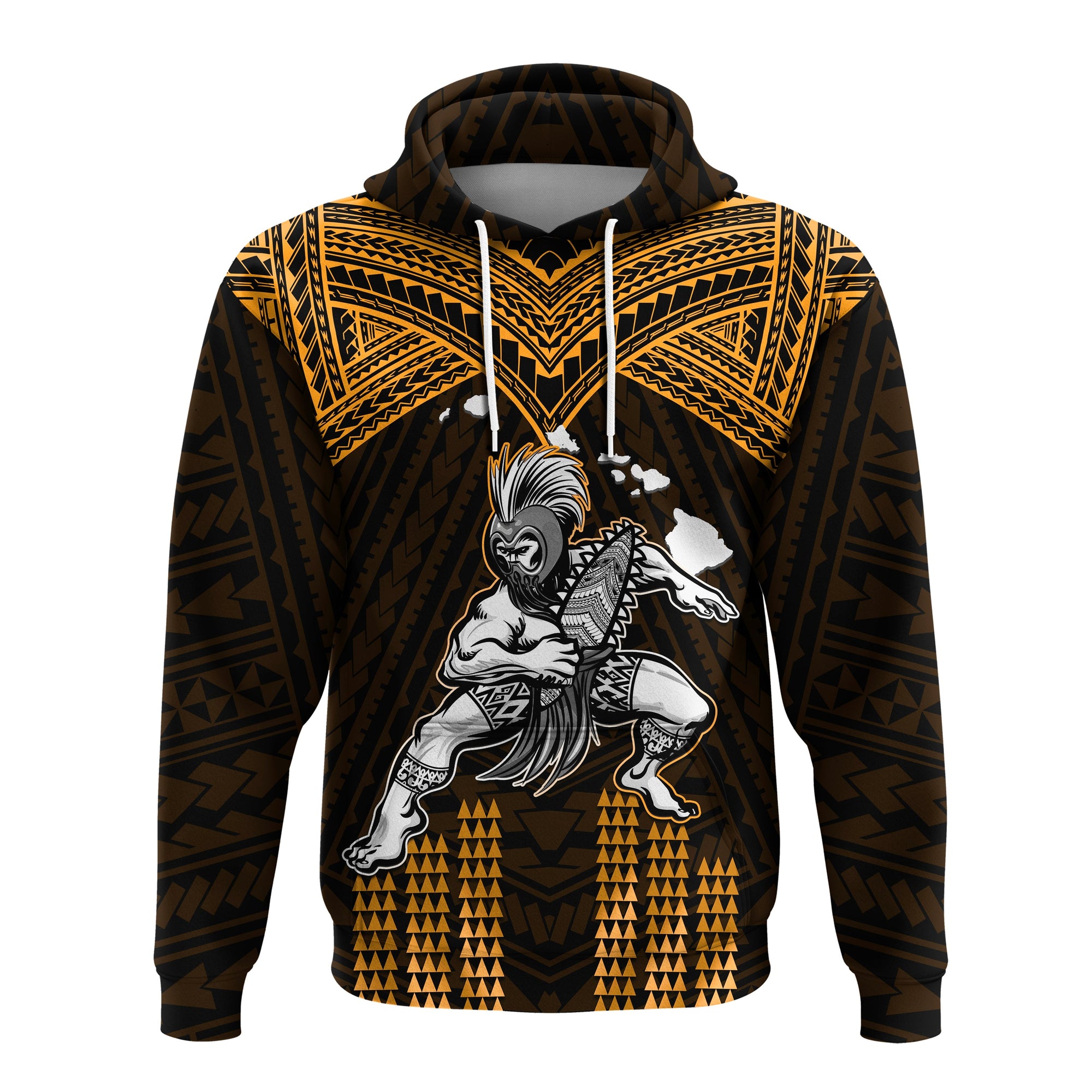 Custom Hawaii Hoodiean Warrior With Weapon Polynesian Ver.07 LT14 Pullover Hoodie Gold - Polynesian Pride