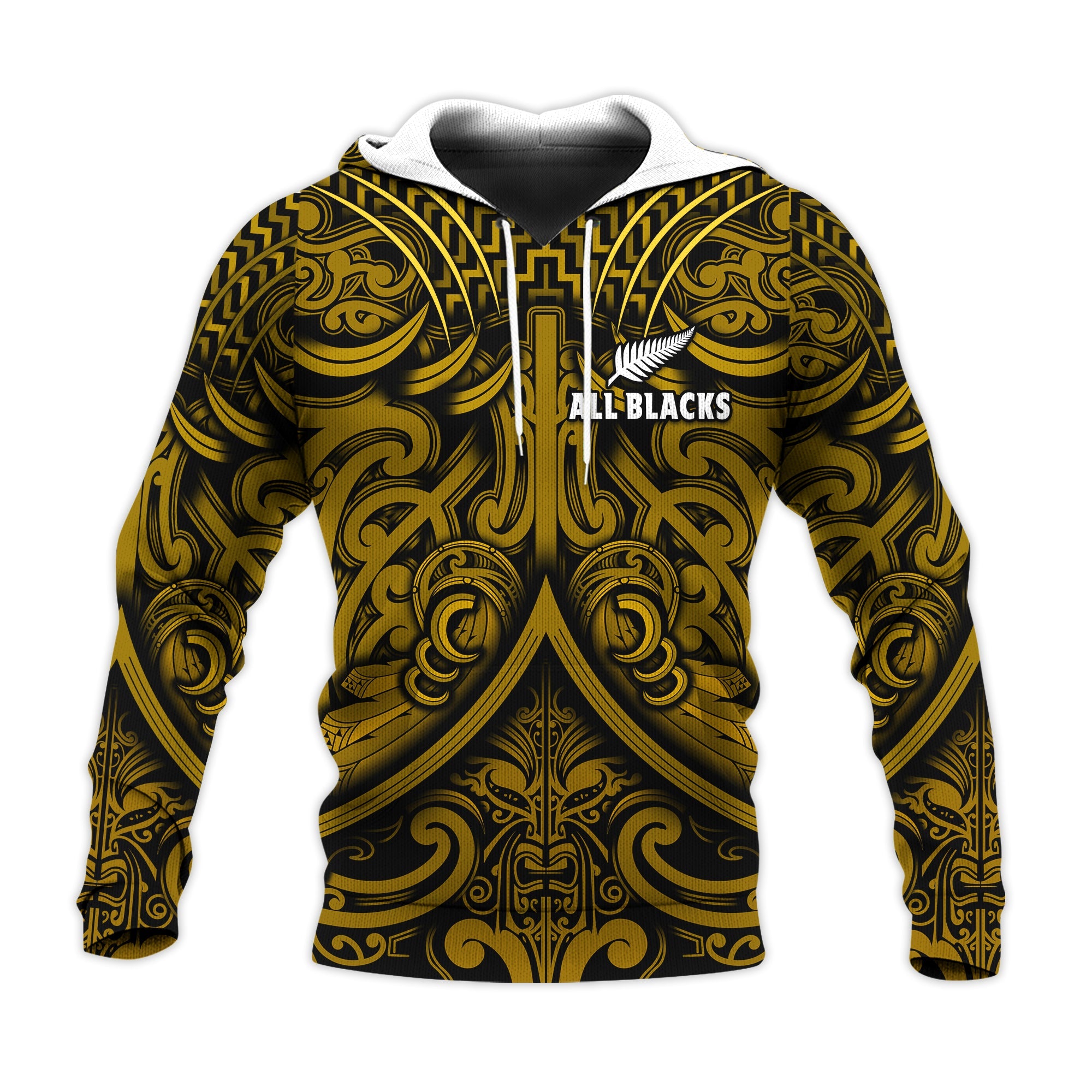 New Zealand Silver Fern Rugby Hoodie All Black Gold NZ Maori Pattern LT13 Gold - Polynesian Pride