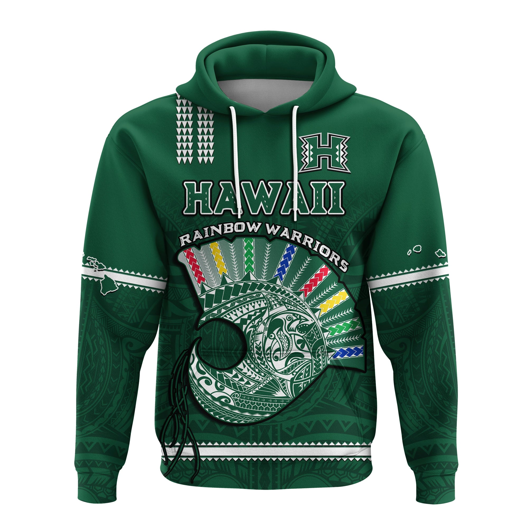 Hawaii Football Hoodie Kakau Rainbow Warriors Helmet Go Bows LT14 Pullover Hoodie Green - Polynesian Pride